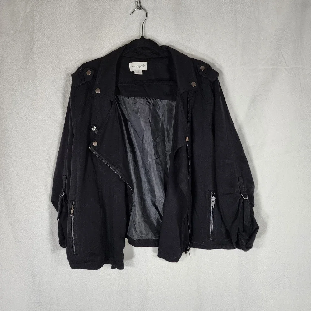 Peck & Peck Black Asymmetrical Moto Jacket Capsule Knit Light Weight Womens XL